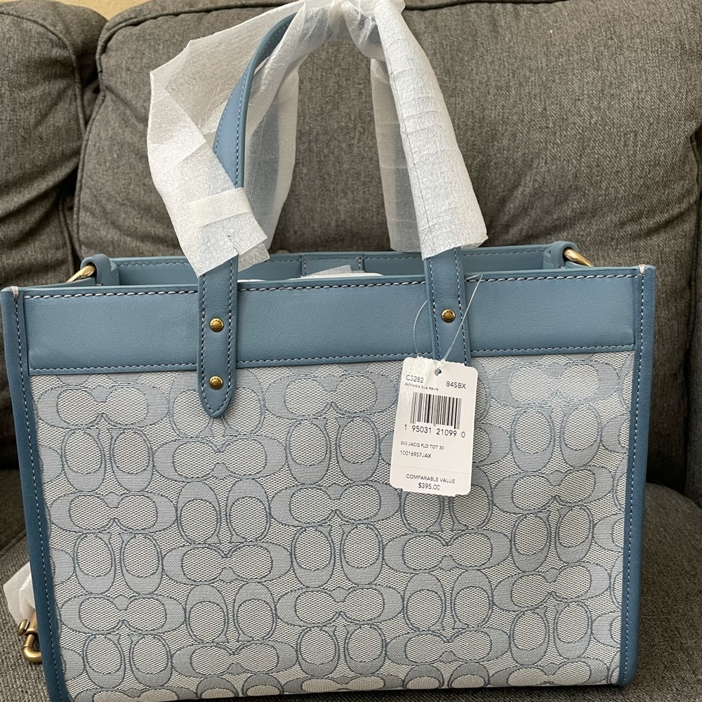Coach Field Tote 30  Marble Blue Azure Signature Jacquard